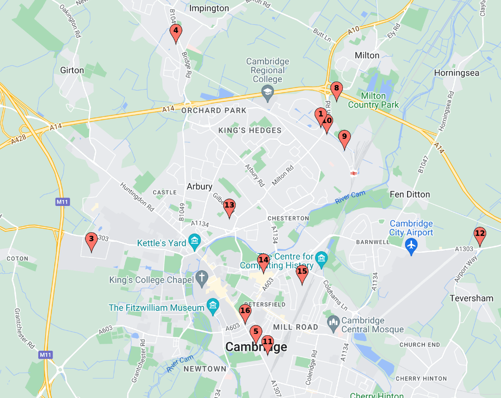 16 key locations in Cambridge north and centre