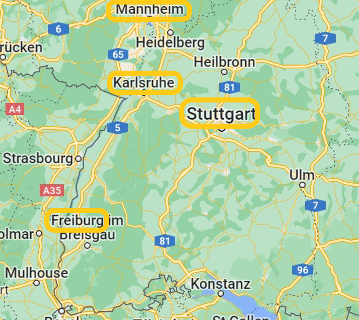 Map of the four major cities in Baden-Württemberg