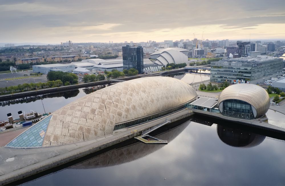 Glasgow science centre, SECC and Hydro Area on the river Clyde